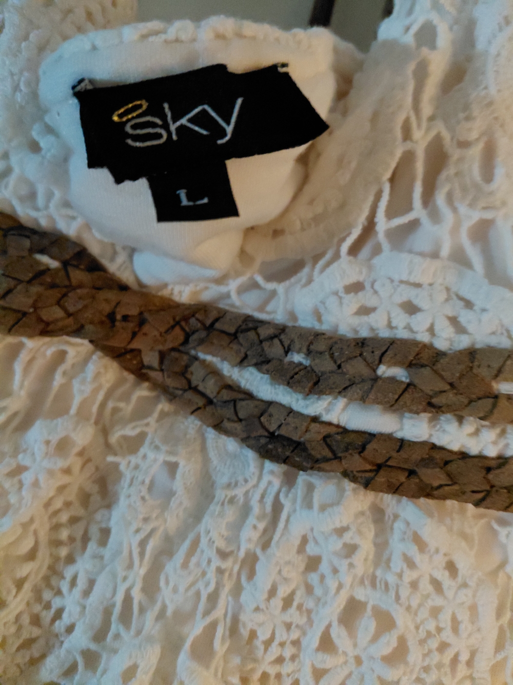 Sky Ivory Crochet Lace Halter Top Lined Large Suede Like Contrasting Woven Ties - Picture 4 of 12